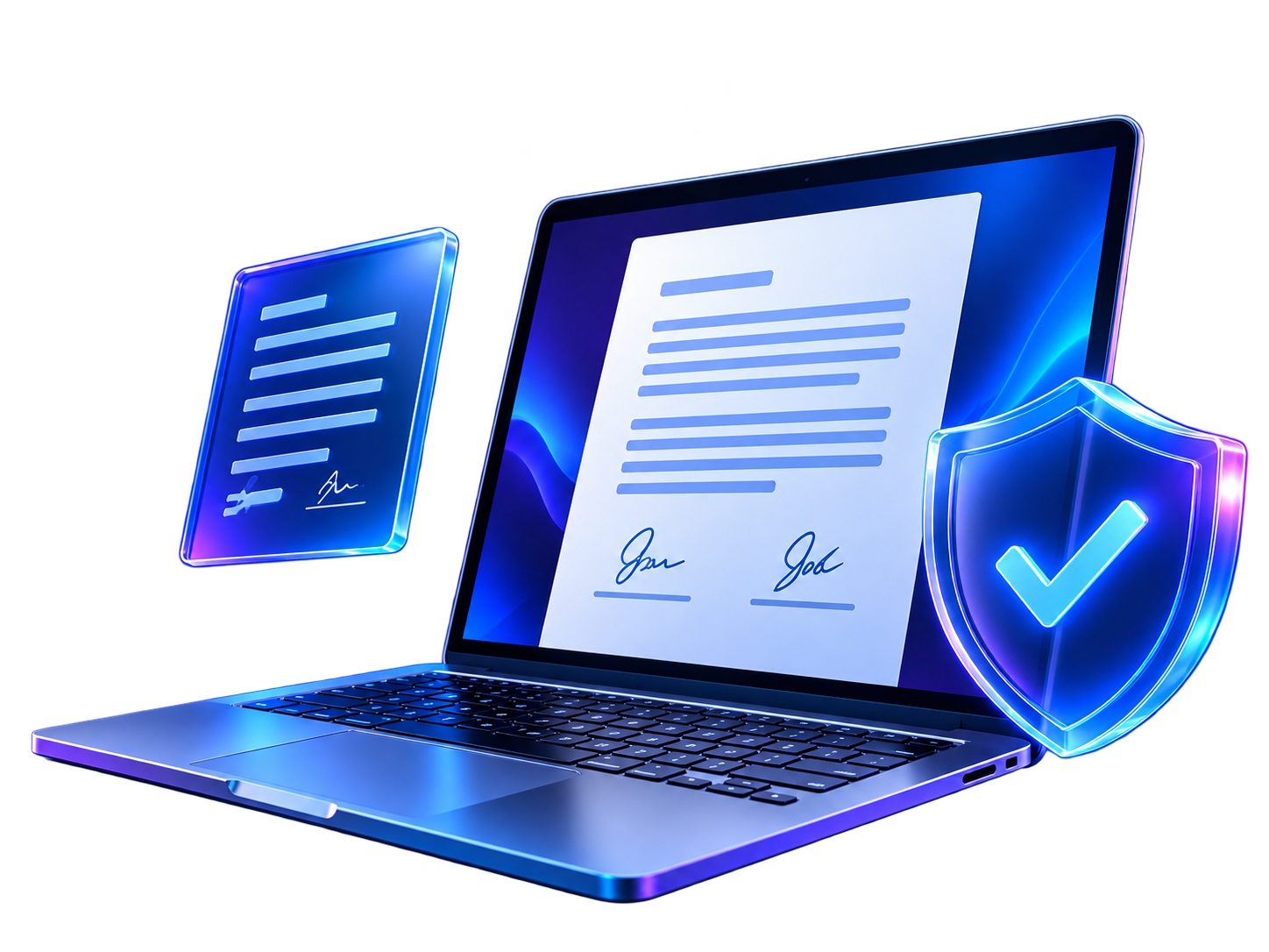 Notebook exibindo um documento digital com assinatura e selos de segurança